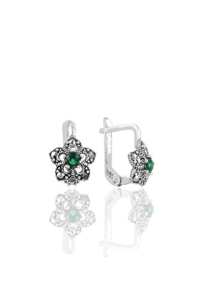 Gümüş  markazit ve kök zümrüt taşlı lotus modeli  küpe SGTL11237YESIL