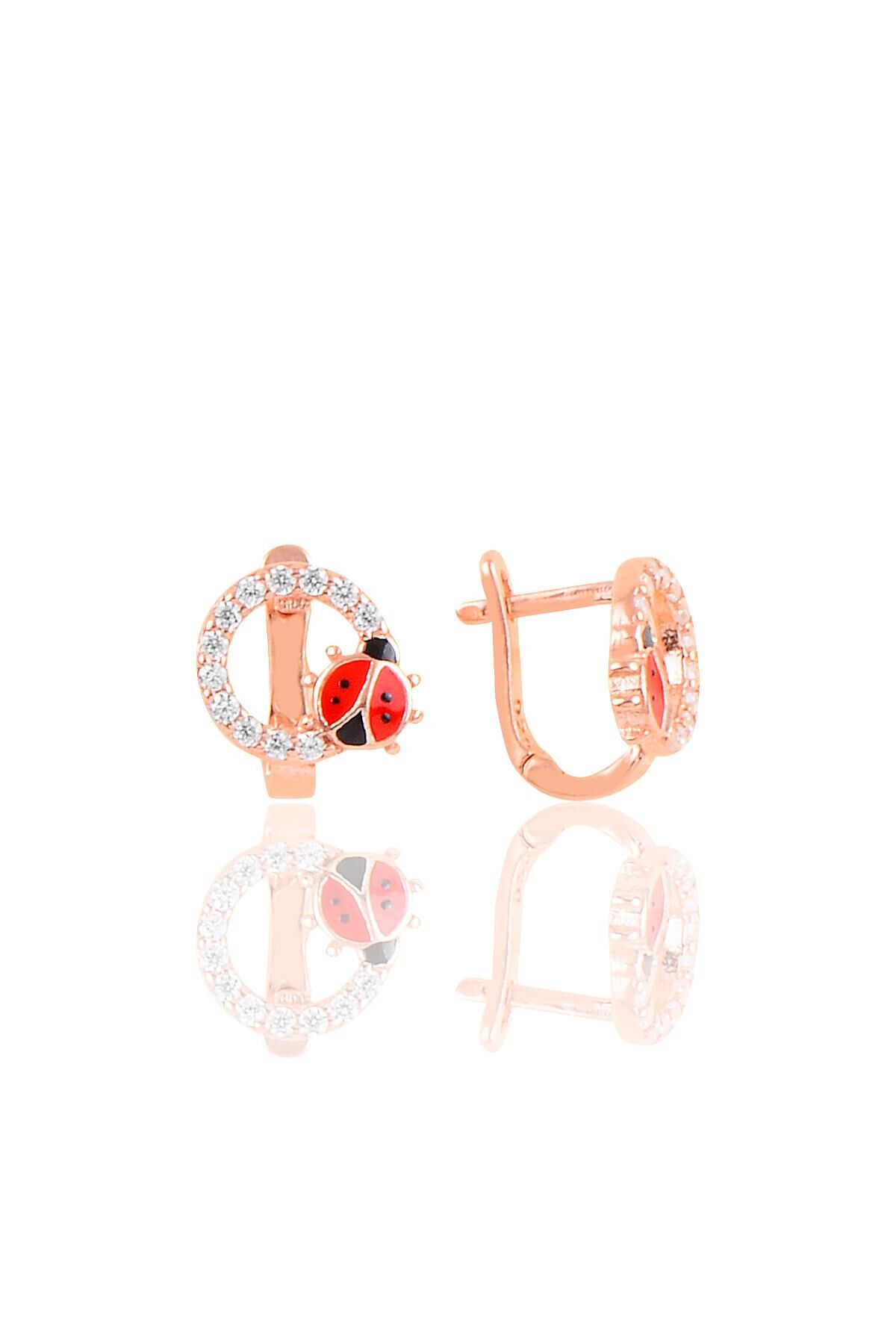 Gümüş rose mineli zirkon taşlı uğur böceği çocuk  küpesi SGTL10329ROSE