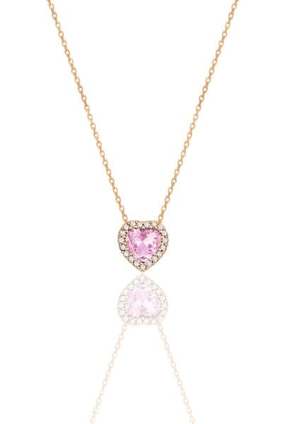 Gümüş Rose Pırlanta Modeli Pembe Zirkon Taşlı Kalp Kolye SGTL12394ROSE