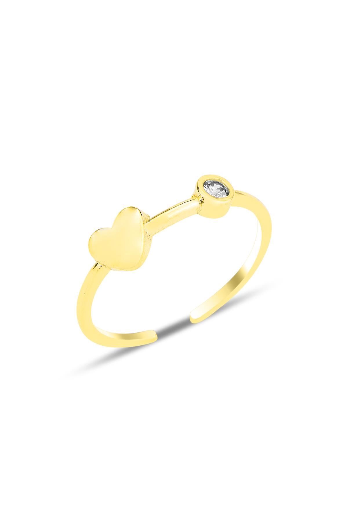 Gümüş altın yaldızlI kalp ve zirkon tek taşlı alttan ayarlanabilir yüzük SGTL12244GOLD