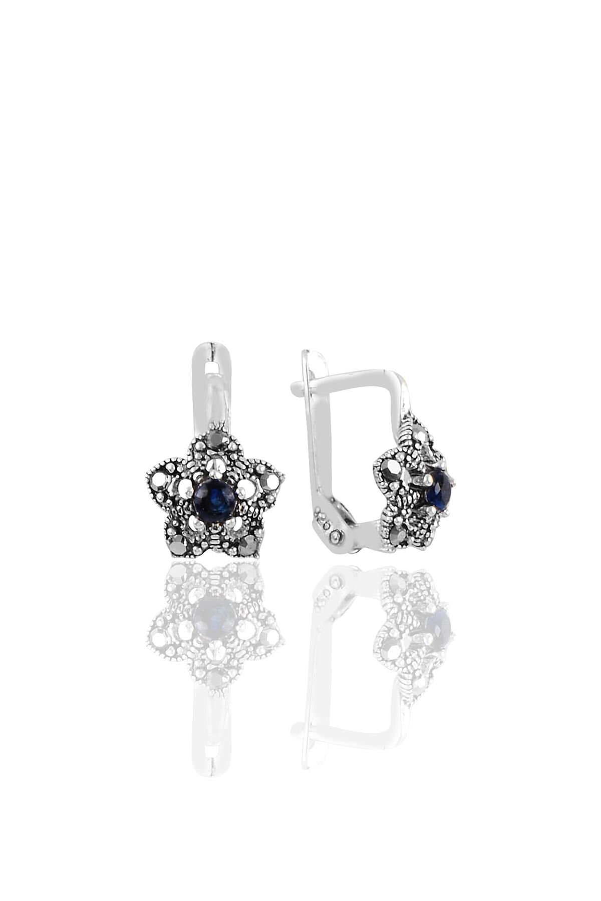 Gümüş  markazit ve safir taşlı lotus modeli  küpe SGTL11237LACI