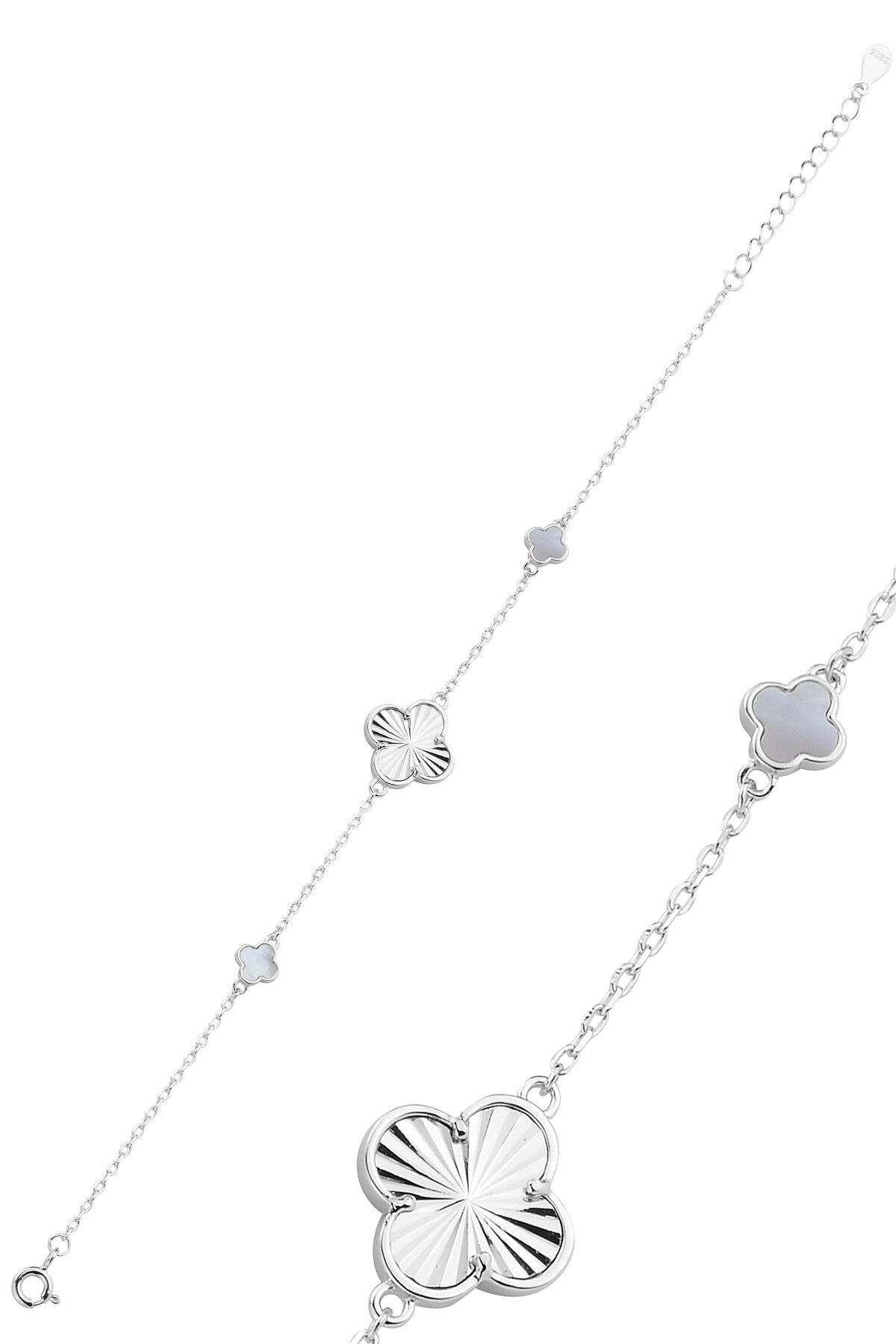 Gümüş rodyumlu sedef taşlı lazerli talih yoncası bileklik SGTL12864BEYAZ