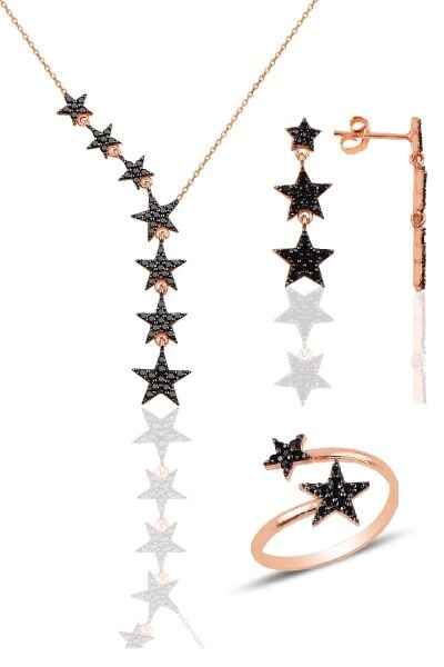 Gümüş rose siyah taşlı kuyruklu yıldız kolye kupe ve yüzük üçlü set SGTL10588SIYAH