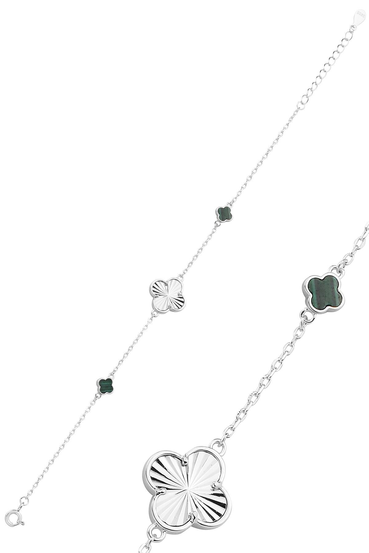 Gümüş rodyumlu malahit taşlı lazerli talih yoncası bileklik SGTL12864YESIL