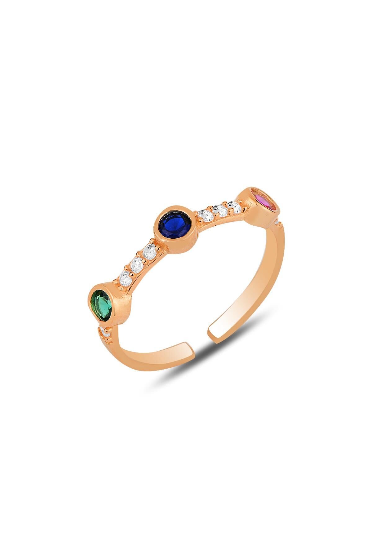 Gümüş rose kök yakut, kök zümrüt, safir ve zirkon taşlı ayarlamalı yüzük SGTL12163ROSE