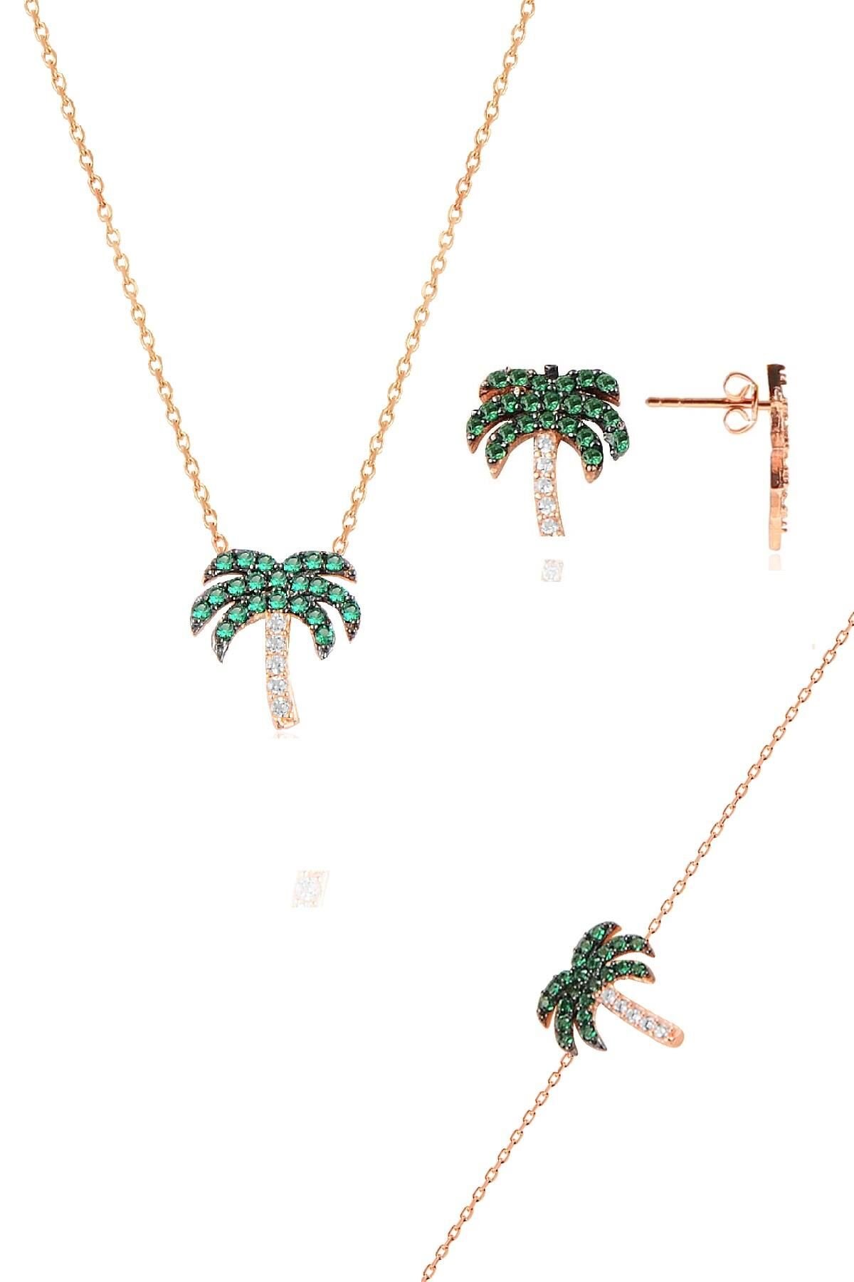 Gümüş rose yeşil taşlı palmiye gümüş üçlü set SGTL10589ROSE