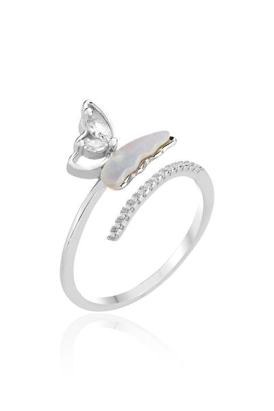 Gümüş rodyumlu sedef ve zirkon taşlı üstten ayarlanabilir kelebek yüzük SGTL12858