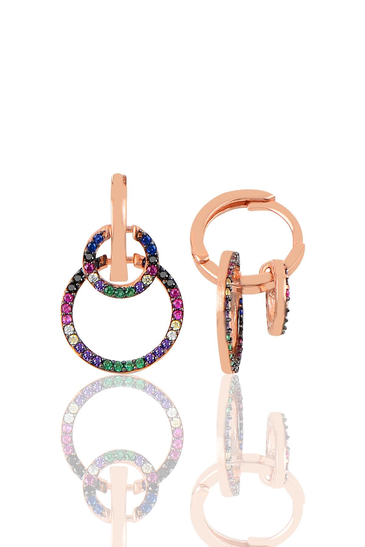 Gümüş renkli taşlı çift halkalı küpe SGTL9770