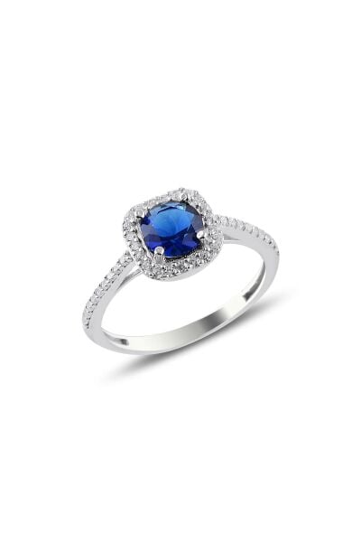 Gümüş rodyumlu safir taşlı kare yüzük SGTL10764SAFIR