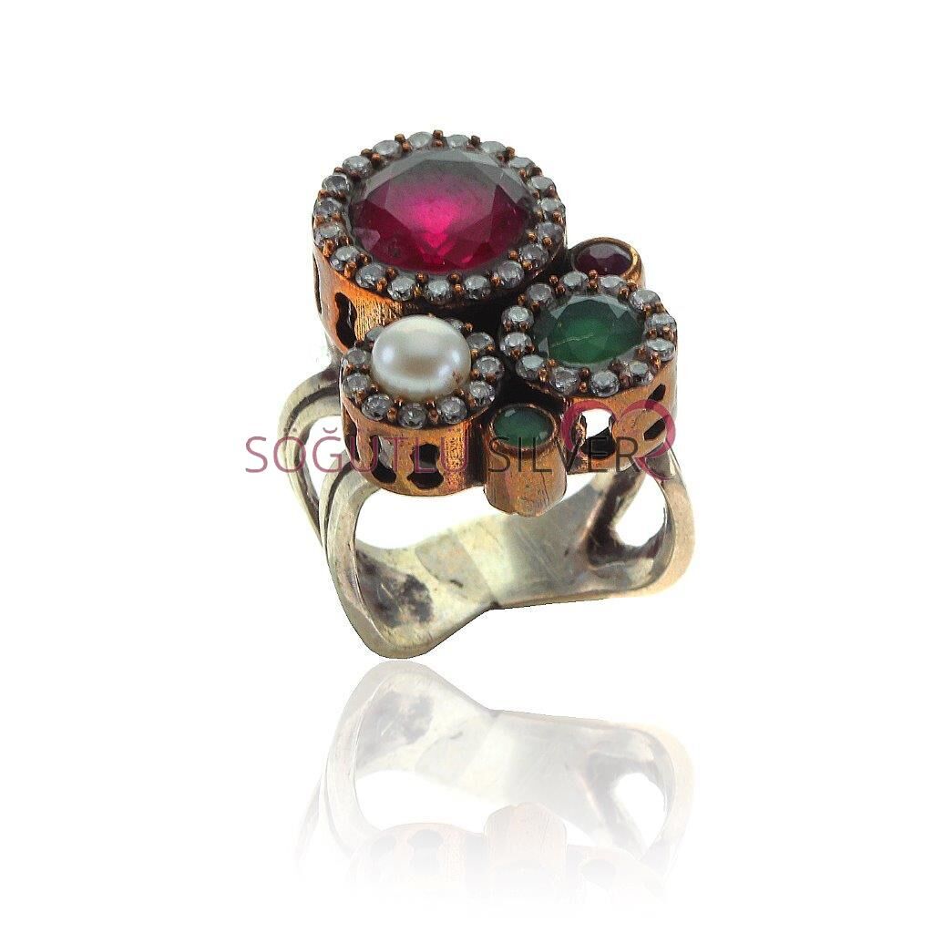 Zirkon inci Kök yakut ve Kök zümrüt Taşlı Yüzük SGTL6813