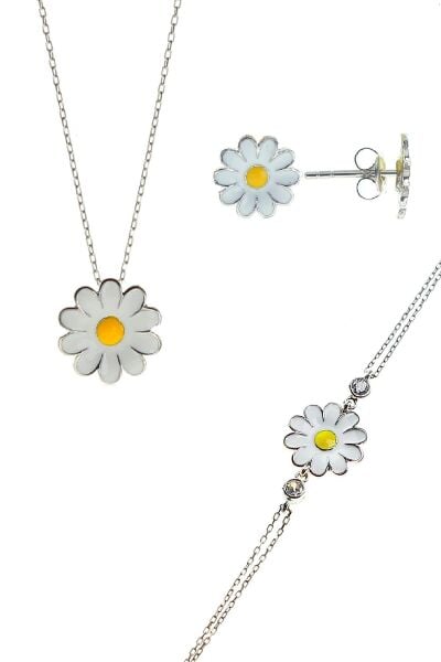 Gümüş rodyumlu mineli papatya kolye bileklik ve küpe gümüş set SGTL10591RODAJ