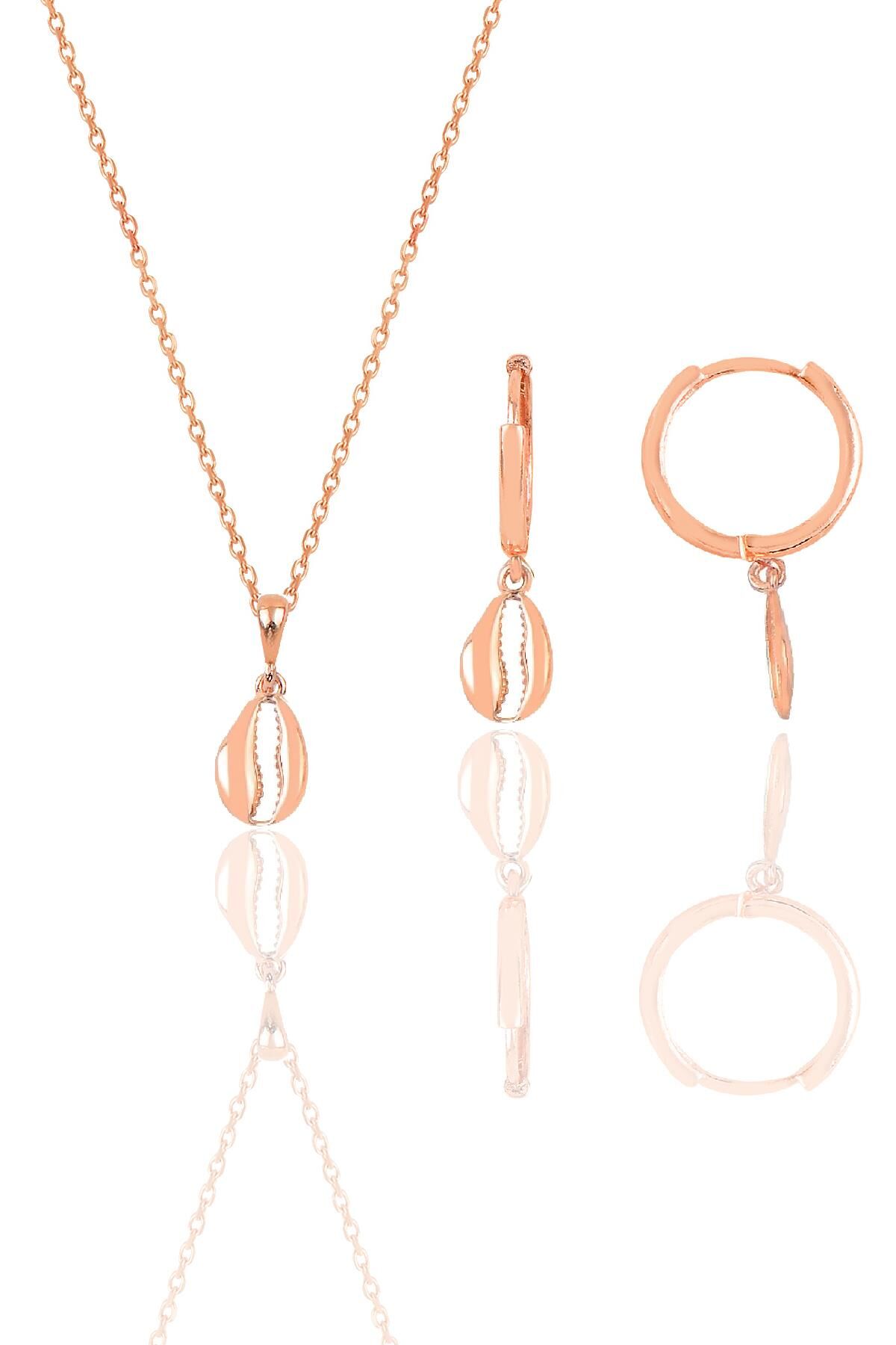 Gümüş rose deniz kabuğu modeli minimal kolye ve küpe seti SGTL12392KABUK