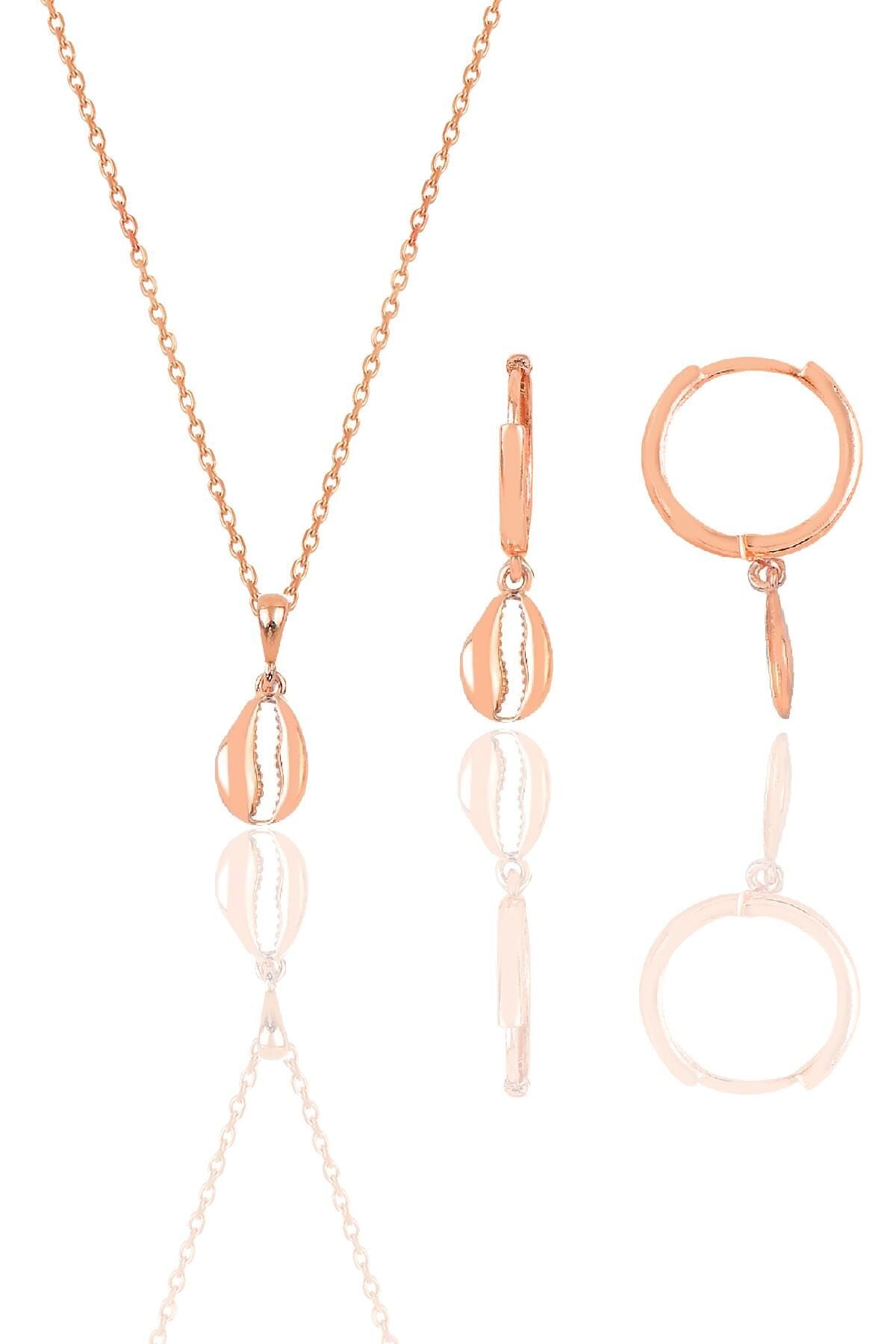 Gümüş rose deniz kabuğu modeli minimal kolye ve küpe seti SGTL12392KABUK