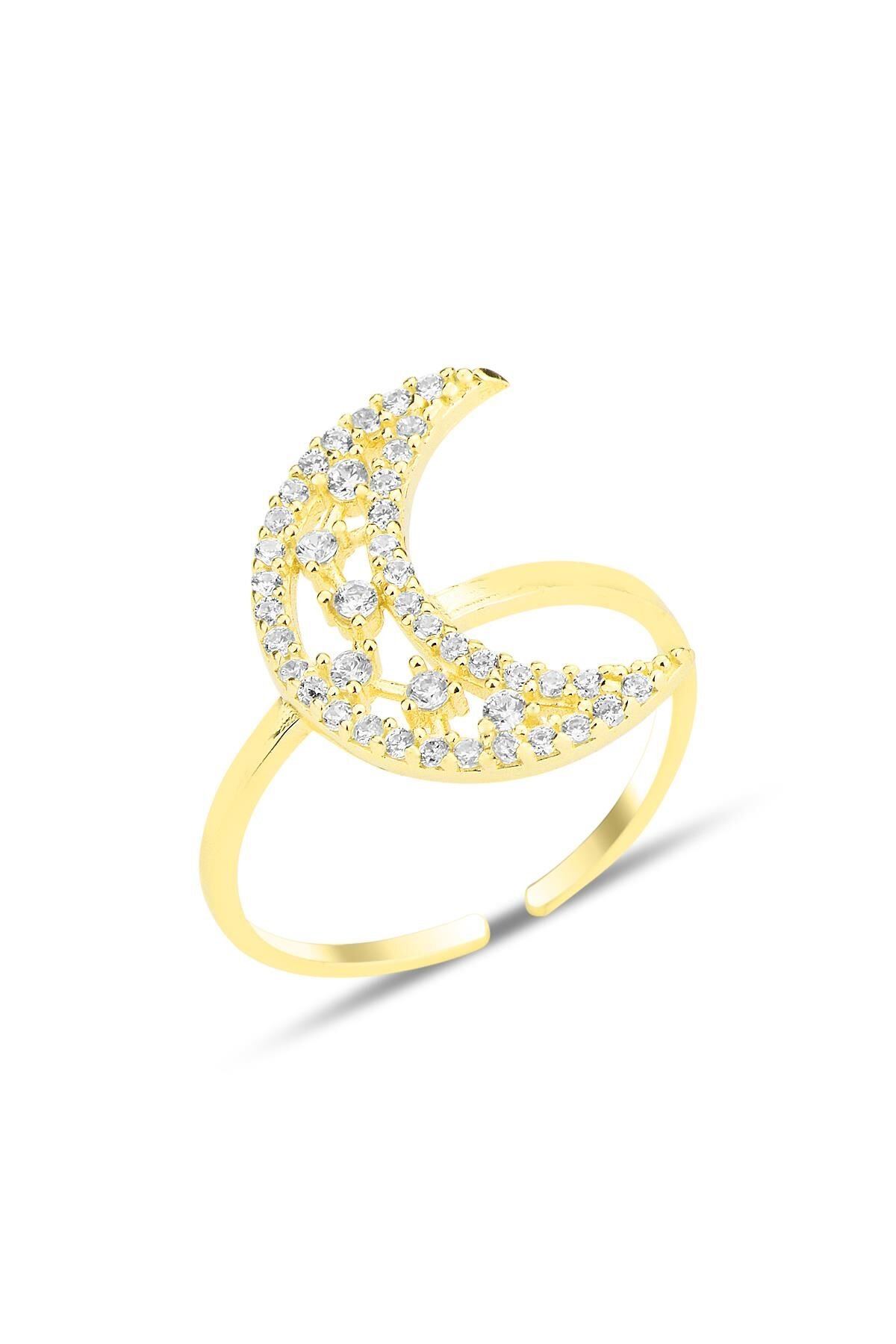 Gümüş altın yaldızlı zirkon taşlı alttan ayarlanabilir hilal yüzük SGTL12242GOLD