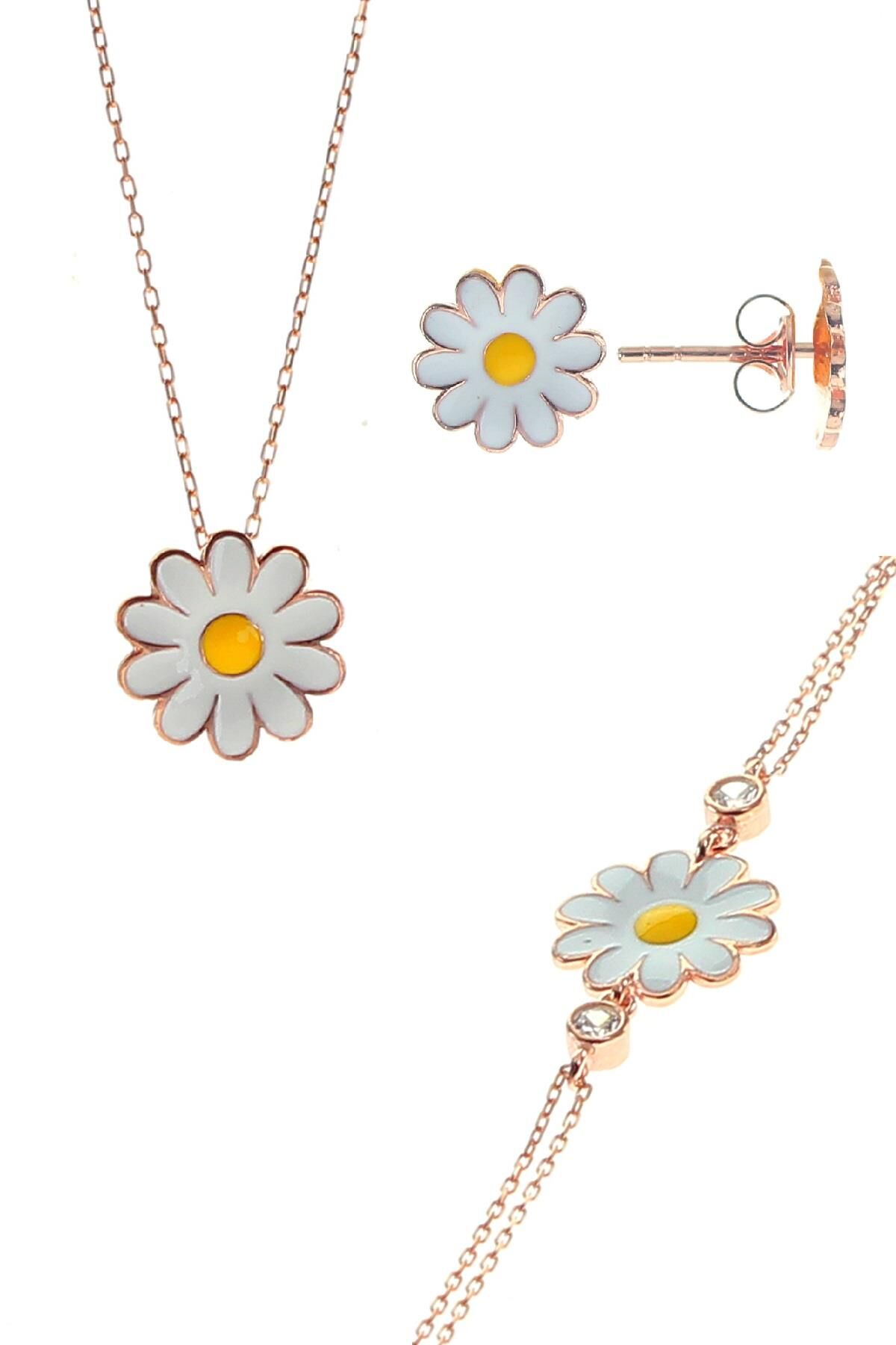 Gümüş rose mineli papatya kolye bileklik ve küpe gümüş set SGTL10591ROSE