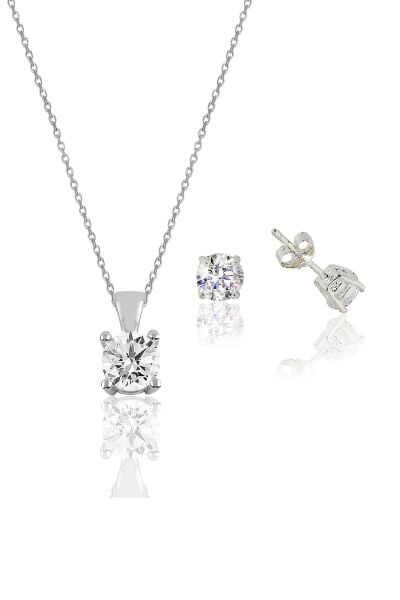 Gümüş rodyumlu tek taş kolye ve küpe gümüş set SGTL10592RODAJ