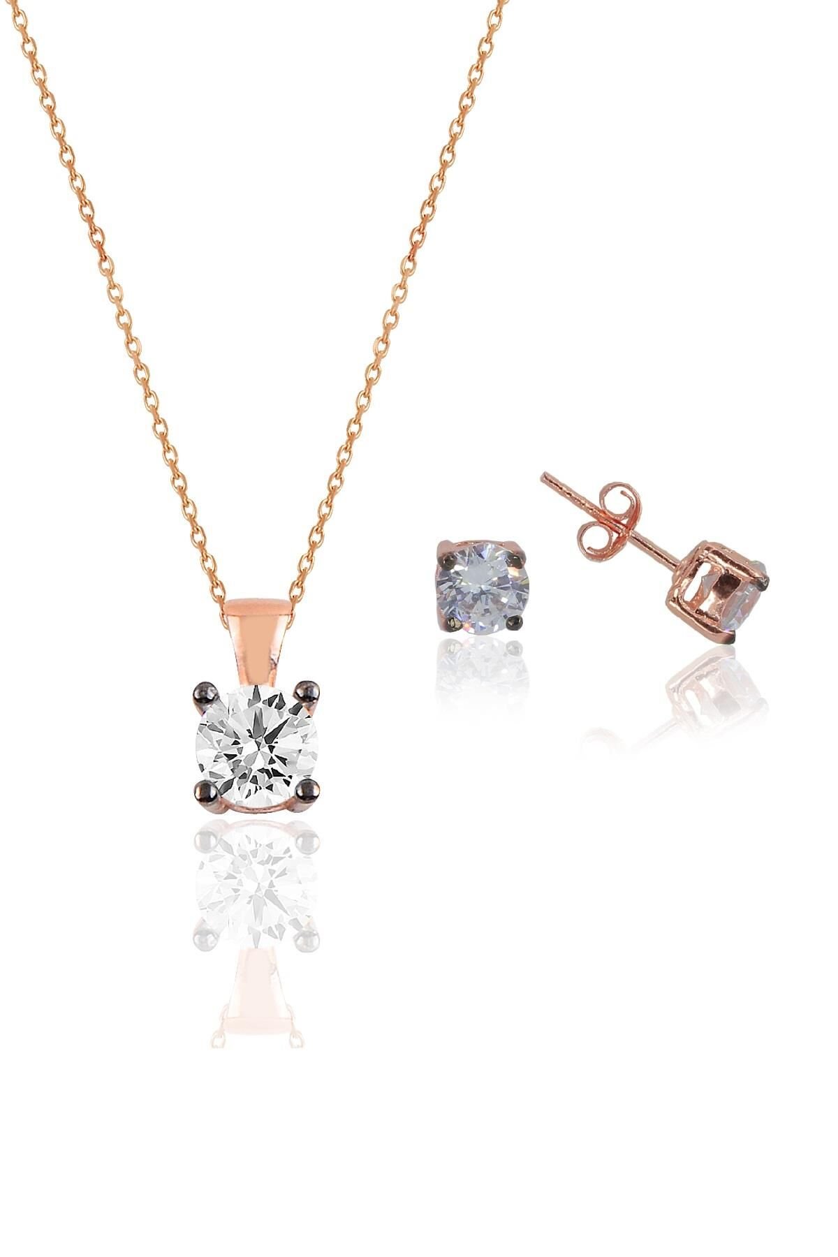 Gümüş rose kolye ve küpe gümüş set SGTL10592ROSE