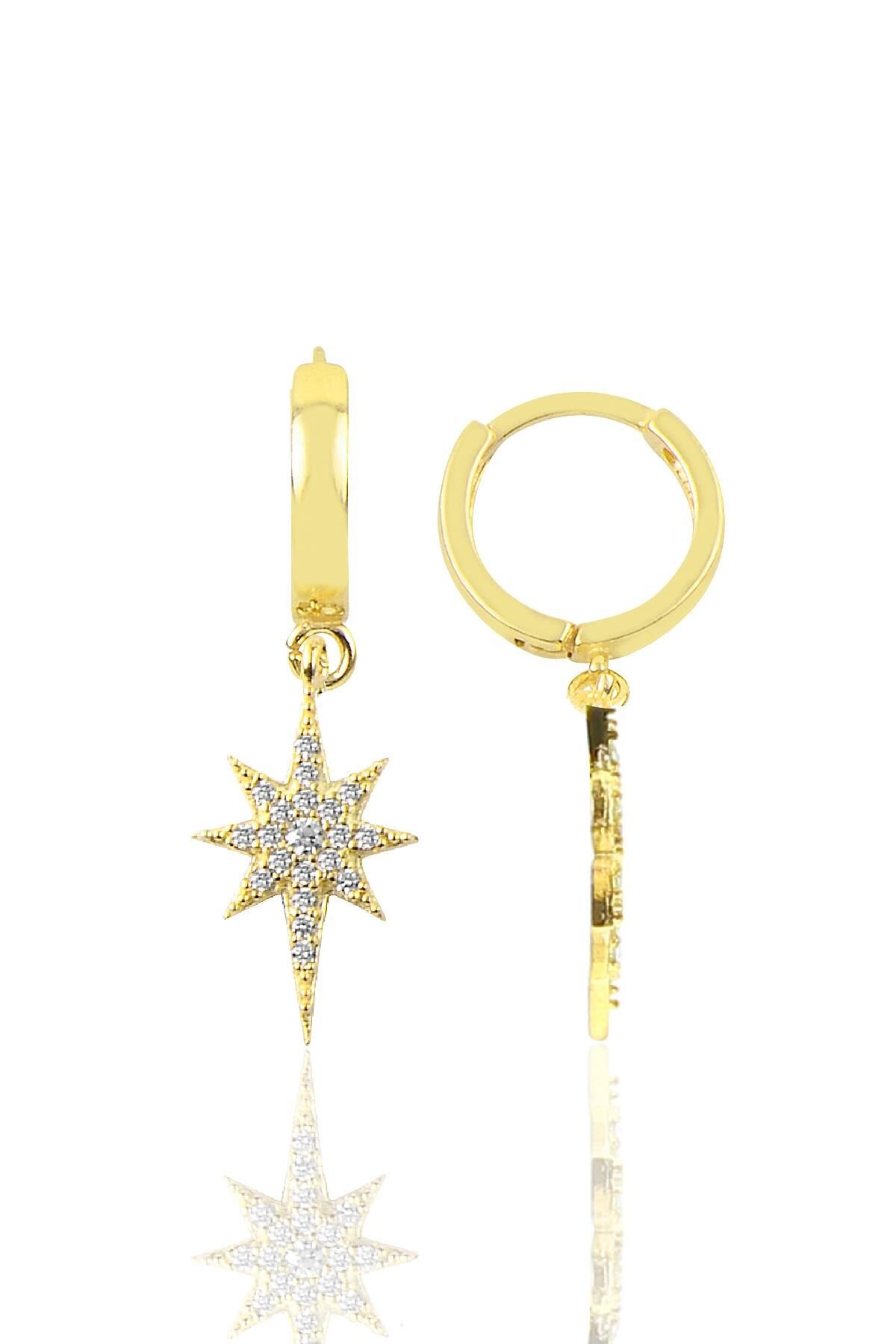 Gümüş altın yaldızlı zirkon taşlı kutup yıldızı halka küpe SGTL12391GOLD