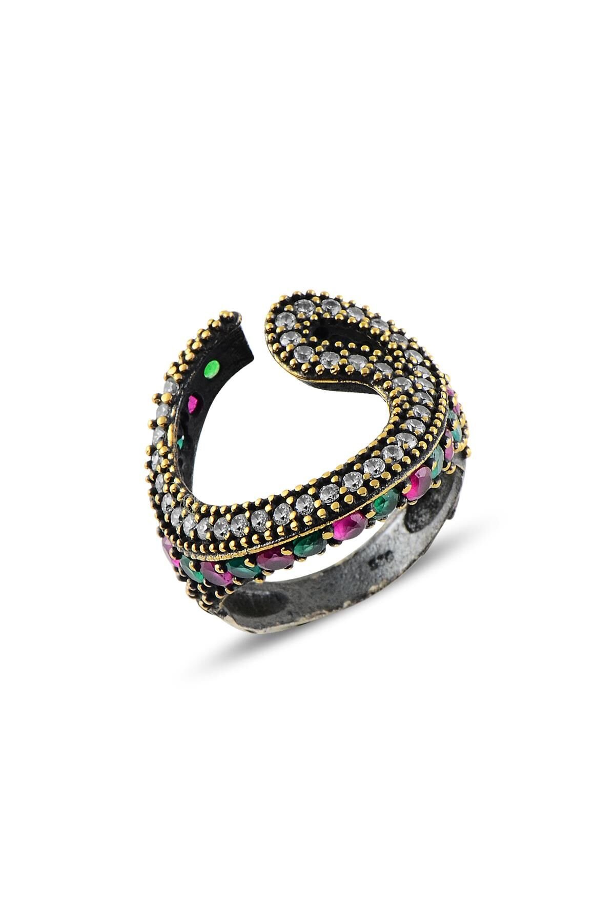 Gümüş zirkon kök yakut ve kök zümrüt taşlı  Vav yüzük SGTL10659RENKLI