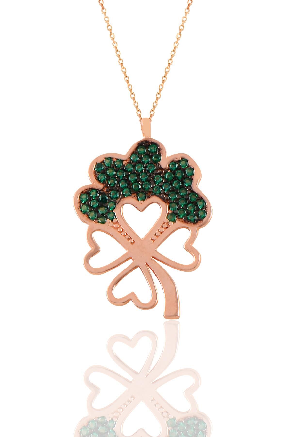 Gümüş rose yeşil taşlı yonca kolye  SGTL11208ROSE