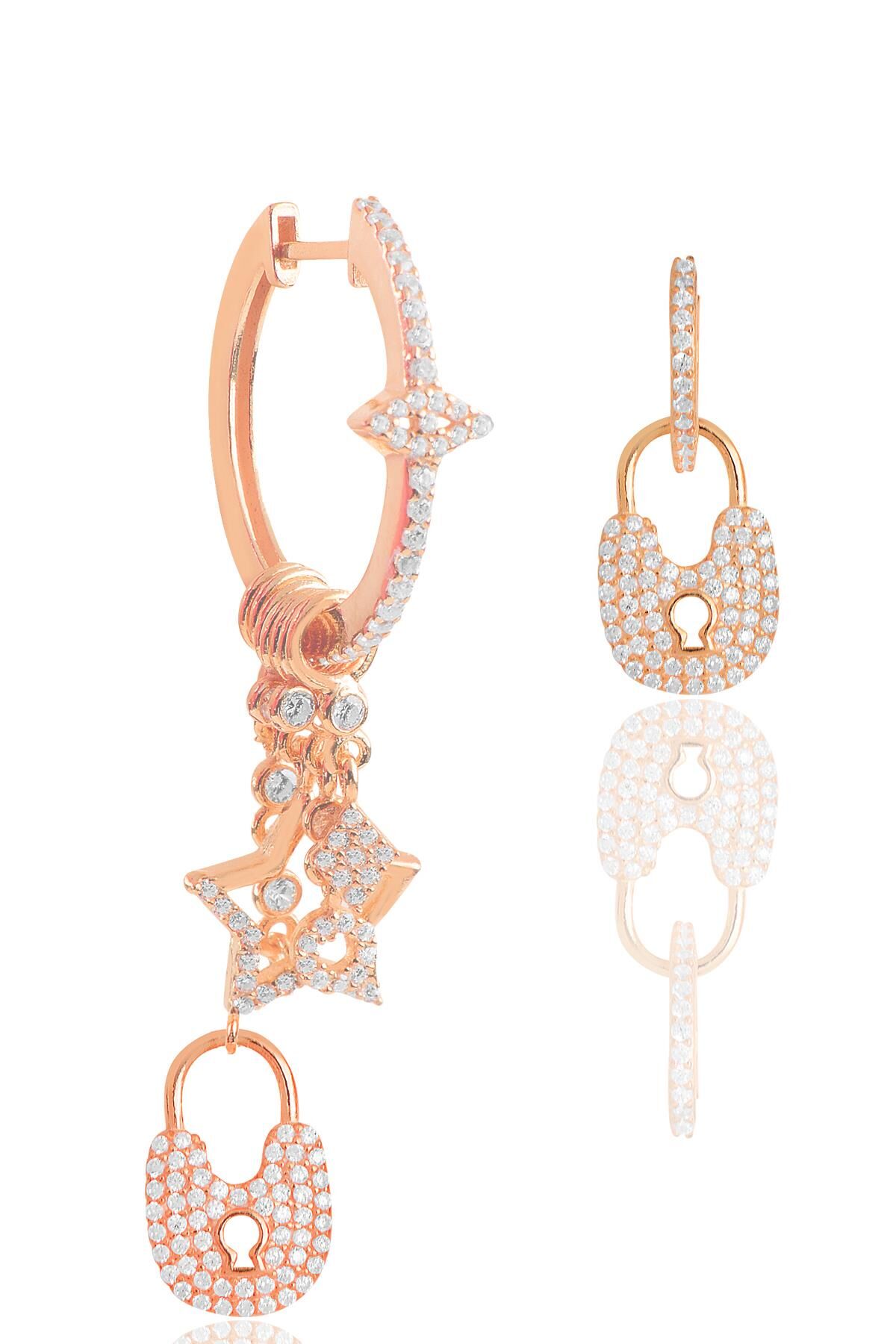 Gümüş rose zirkon taşlı kilit şans küpe SGTL12110ROSE