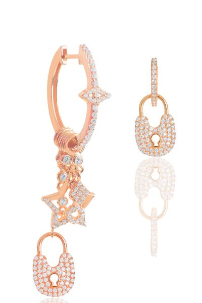 Gümüş rose zirkon taşlı kilit şans küpe SGTL12110ROSE