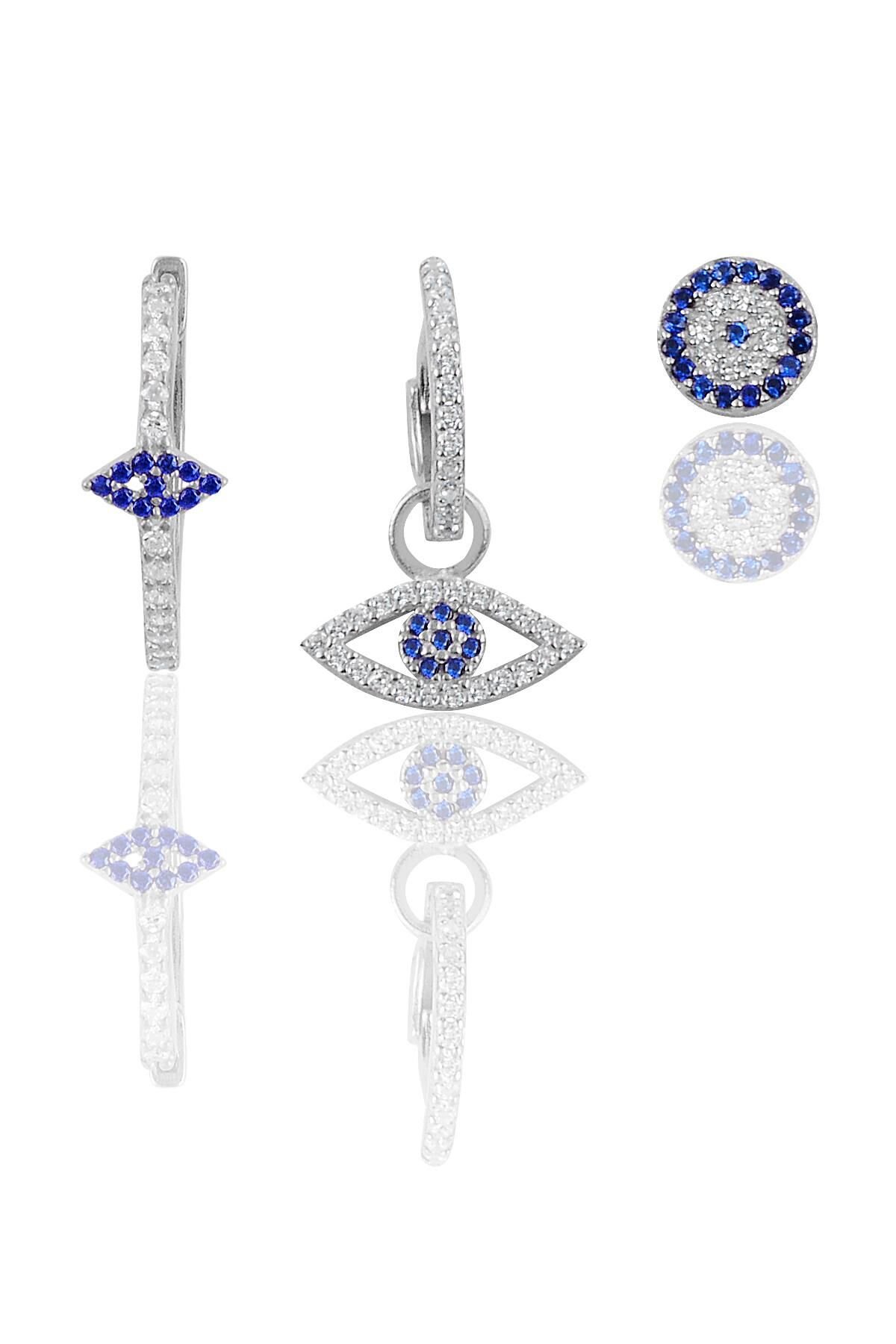 Gümüş rodaj zirkon taşlı mekik nazarlı kombin küpe SGTL12104RODAJ