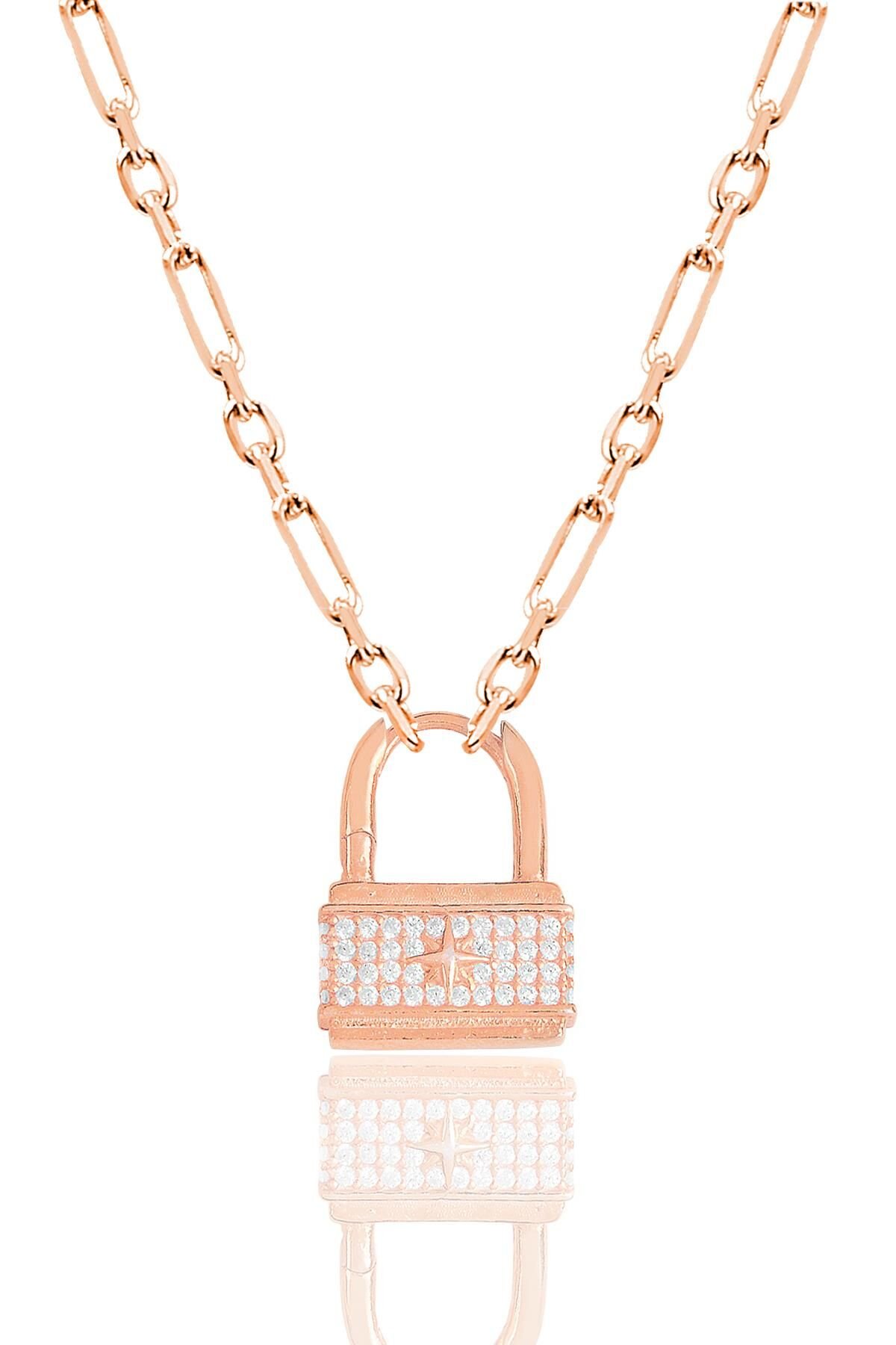 Gümüş altın rose zirkon taşlı figaro zincirli kilit kolye SGTL12141ROSE