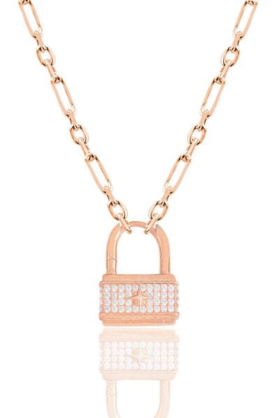 Gümüş altın rose zirkon taşlı figaro zincirli kilit kolye SGTL12141ROSE