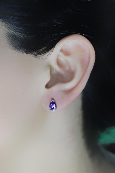 Gümüş rodyumlu mor taşlı damla küpe SGTL10565MOR