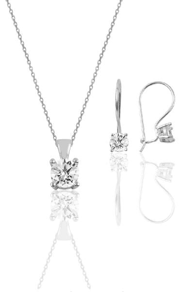 Gümüş rodyumlu tek taş  kolye ve çengelli küpe gümüş  set SGTL10594RODAJ