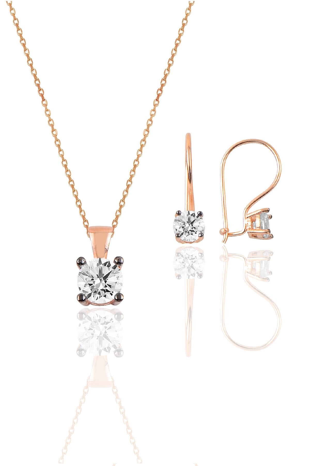 Gümüş rose tek taş  kolye ve çengelli küpe gümüş  set SGTL10594ROSE