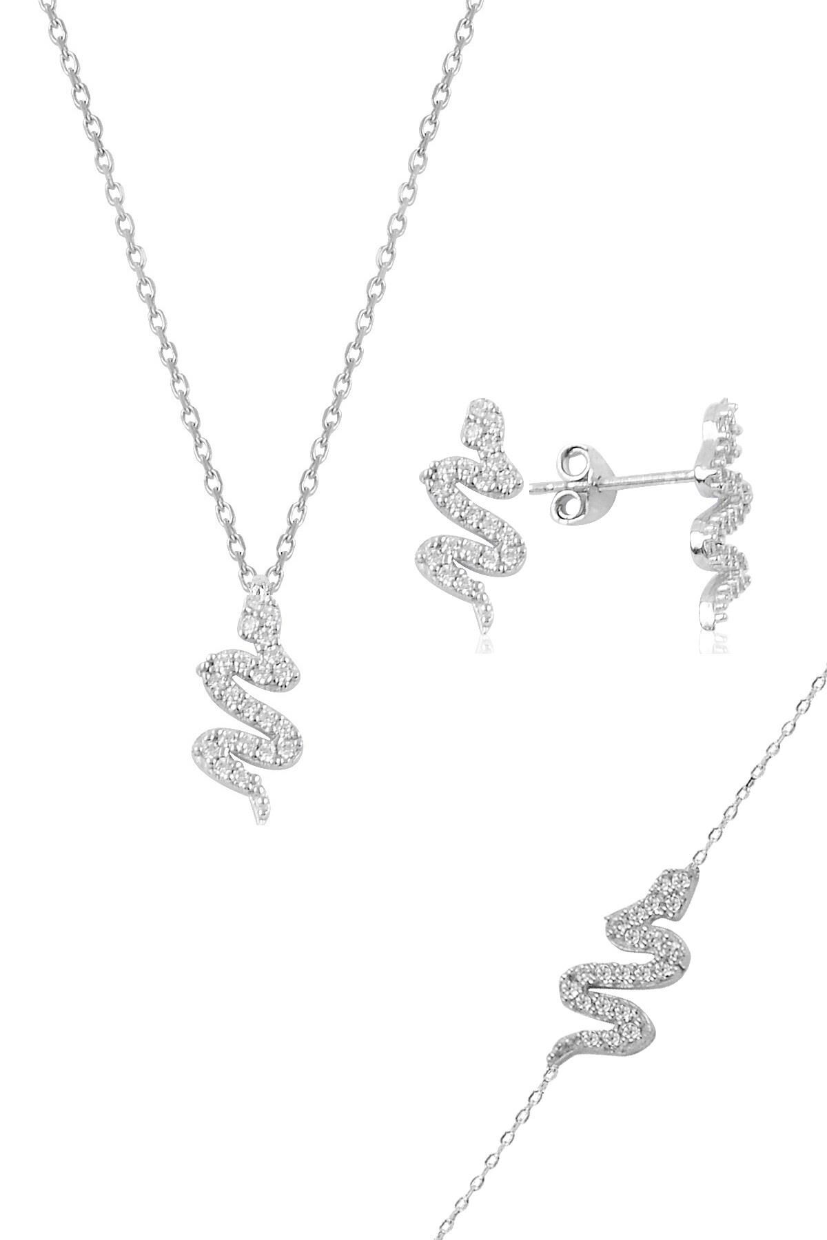 Gümüş rodyumlu zirkon taşlı gümüş yılan üçlü set SGTL10595RODAJ