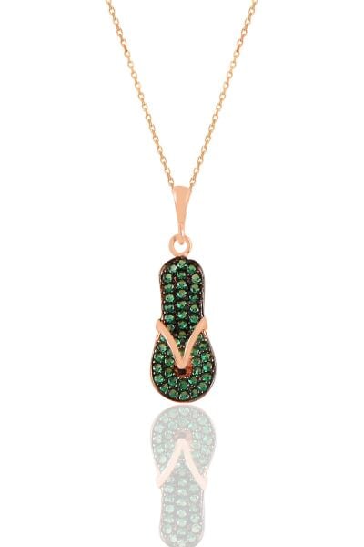 Gümüş rose yeşil taşlı terlik kolye SGTL11202YESIL