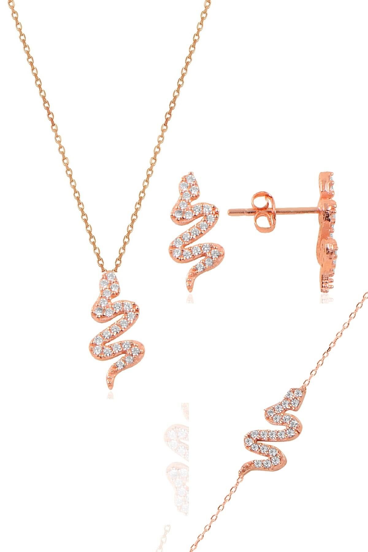 Gümüş rose zirkon taşlı gümüş yılan üçlü set SGTL10595ROSE