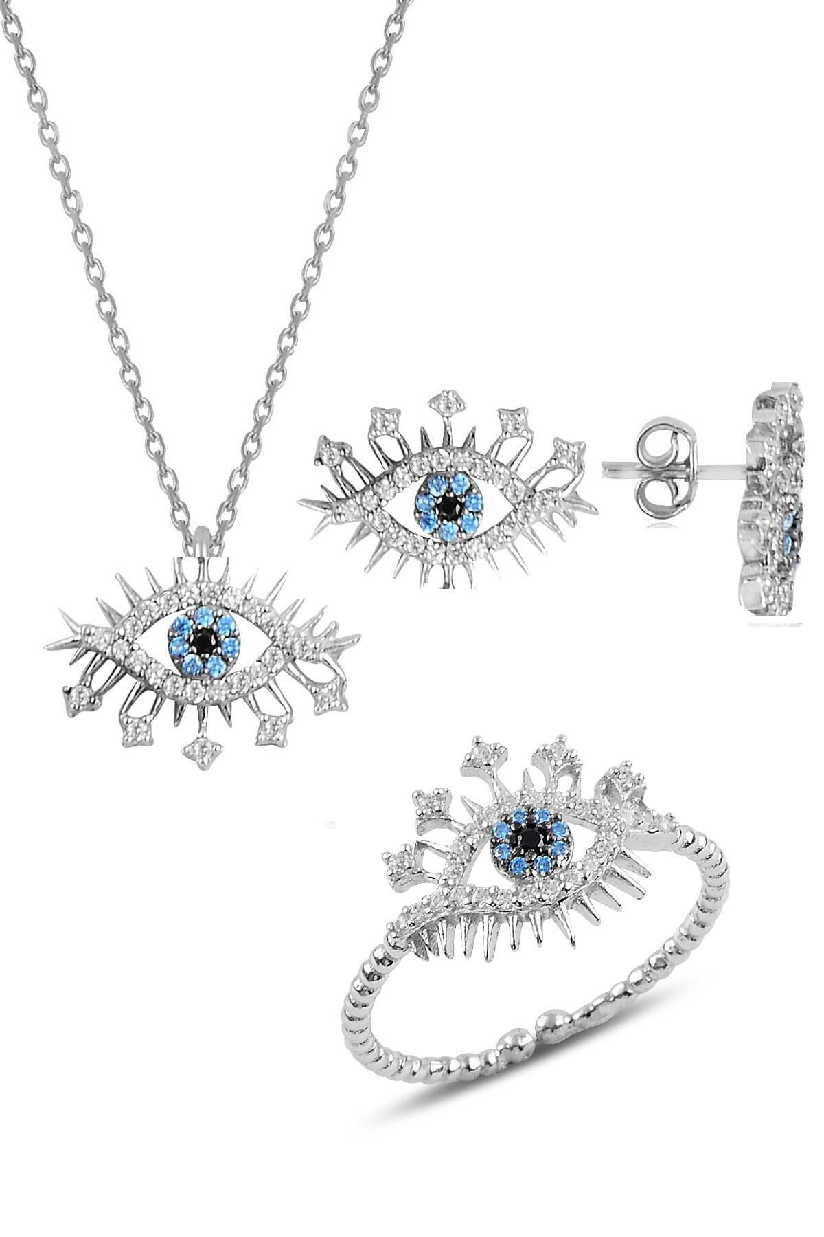 Gümüş rodyumlu zirkon taşlı lareyn kolye küpe ve yüzük gümüş set SGTL10596RODAJ