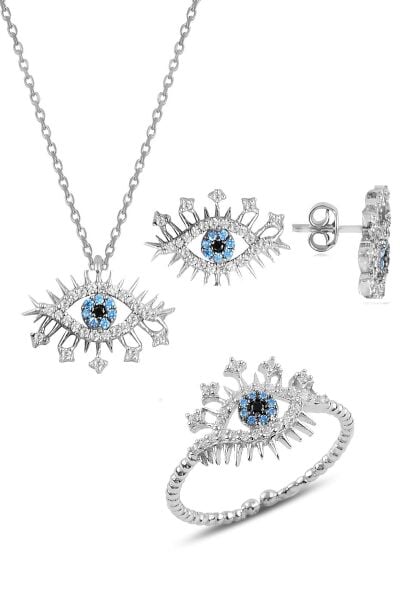 Gümüş rodyumlu zirkon taşlı lareyn kolye küpe ve yüzük gümüş set SGTL10596RODAJ