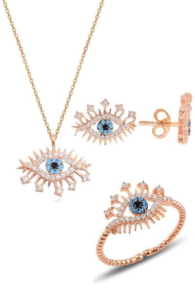 Gümüş rodyumlu zirkon taşlı lareyn kolye küpe ve yüzük gümüş set SGTL10596ROSE