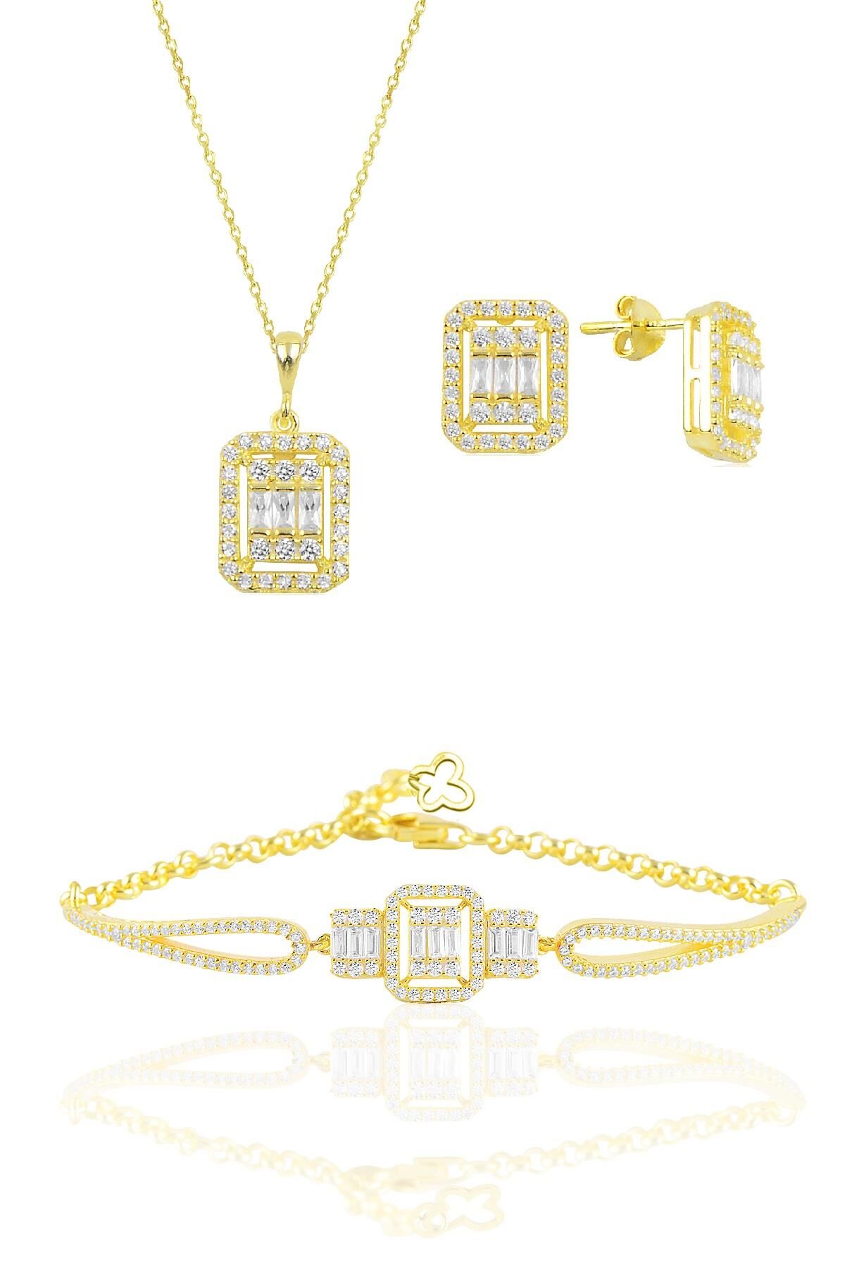 Gümüş altın yaldızlı baget taşlı kolye küpe ve bilezik  gümüş set SGTL10597GOLD
