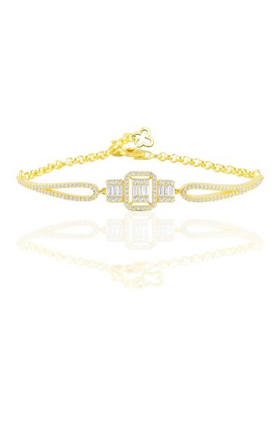 Gümüş altın yaldızlı baget taşlı kolye küpe ve bilezik  gümüş set SGTL10597GOLD