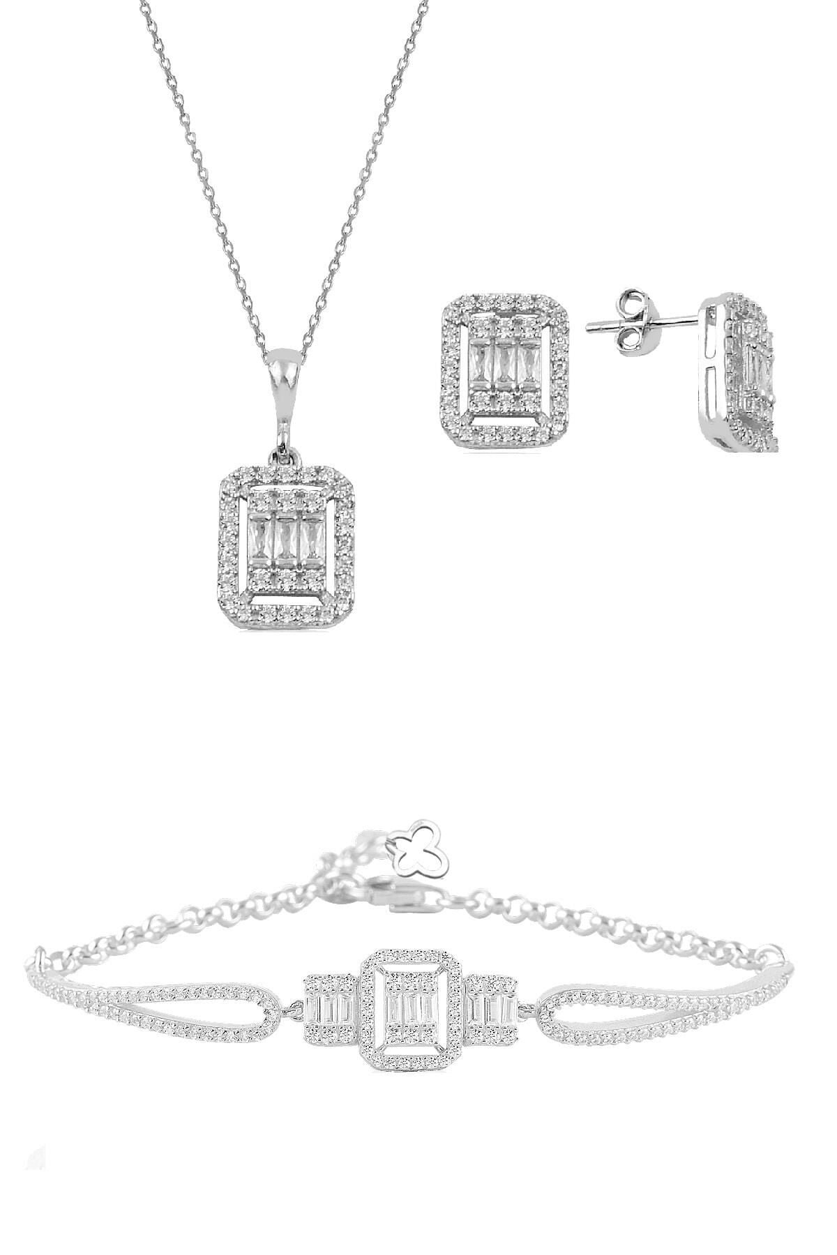 Gümüş rodyumlu baget taşlı  kolye küpe ve bilezik  gümüş set SGTL10597RODAJ