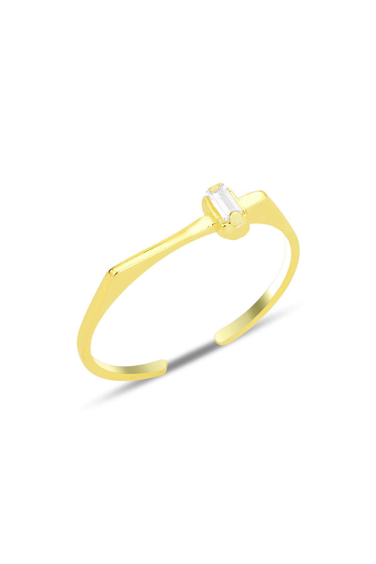 Gümüş altın yaldızlı zirkon baget tek taşlı alttan ayarlanabilir yüzük SGTL12237GOLD