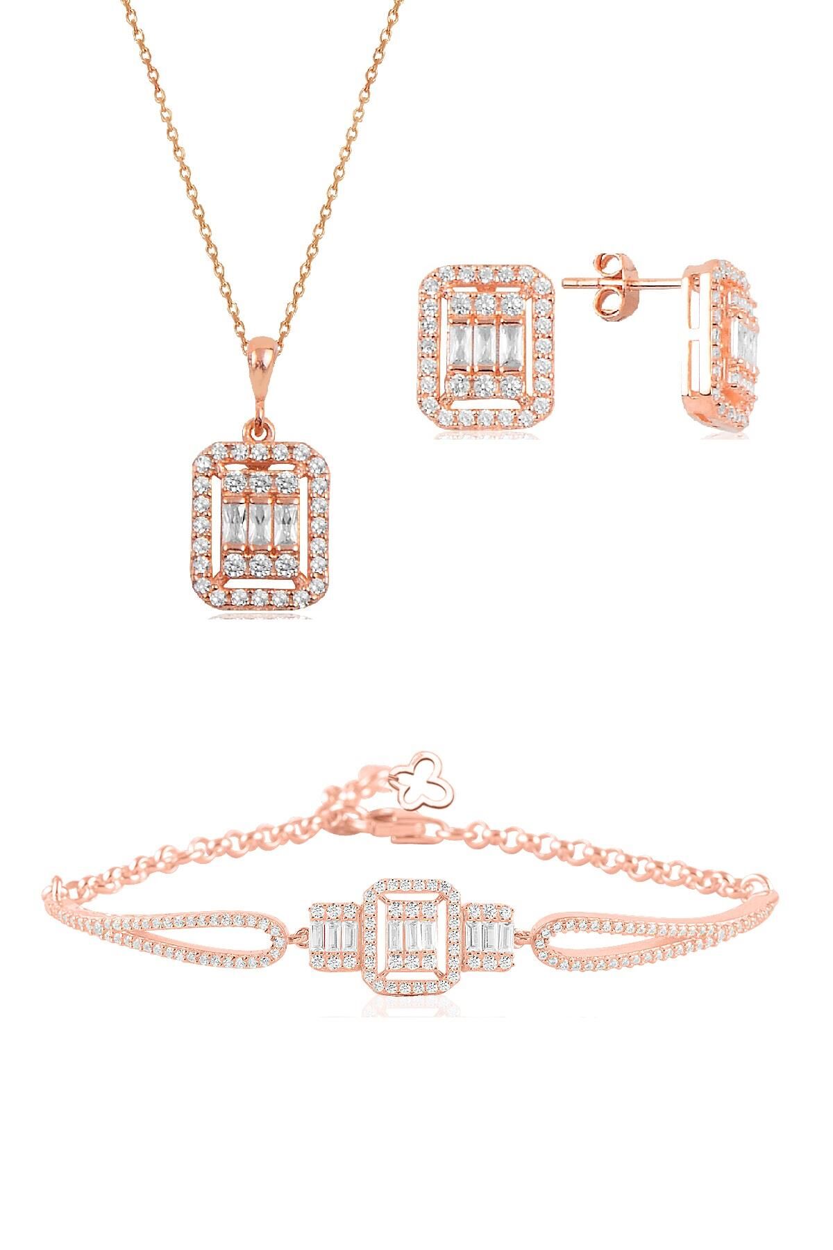 Gümüş rose baget taşlı kolye küpe ve bilezik  gümüş set SGTL10597ROSE