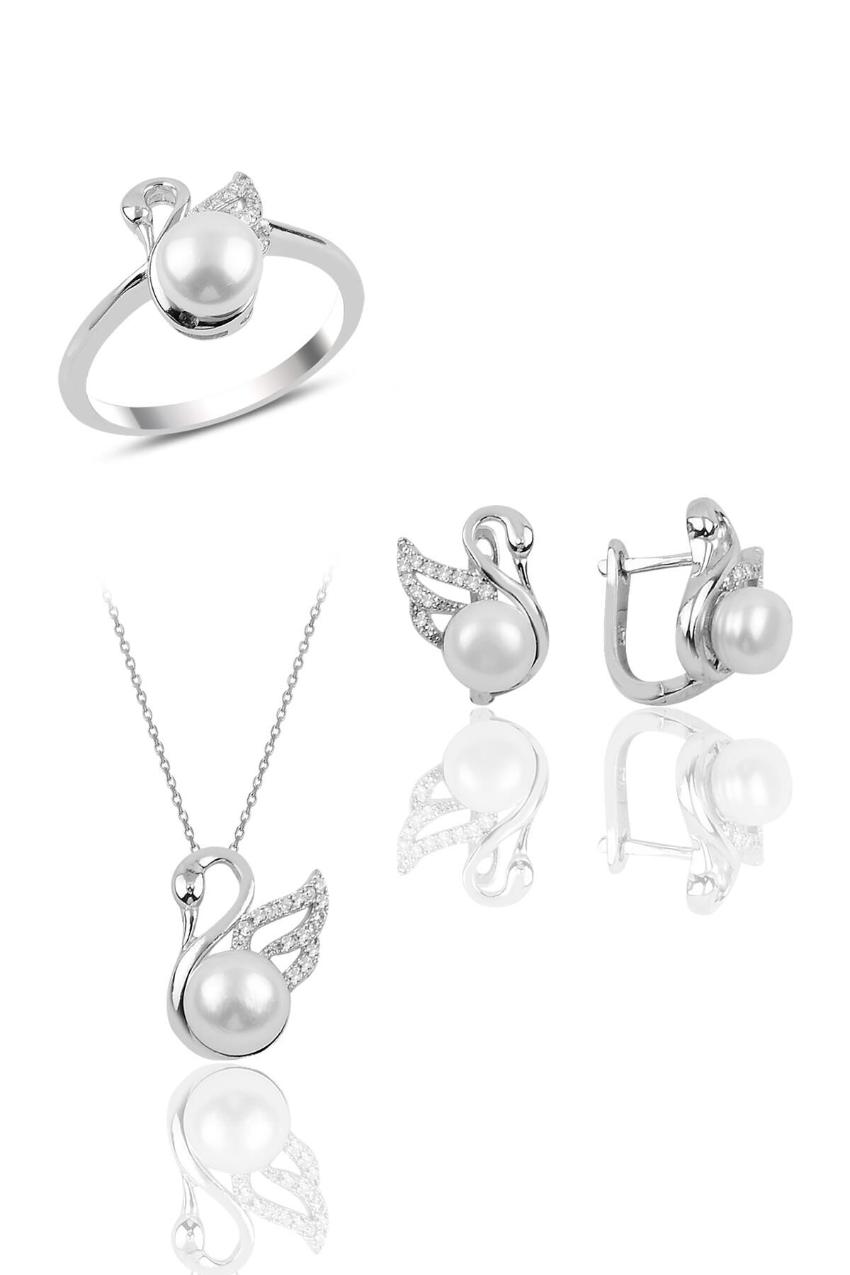 Gümüş kuğu modeli inci taşlı üçlü set SGTL10105SET SGTL10105SET