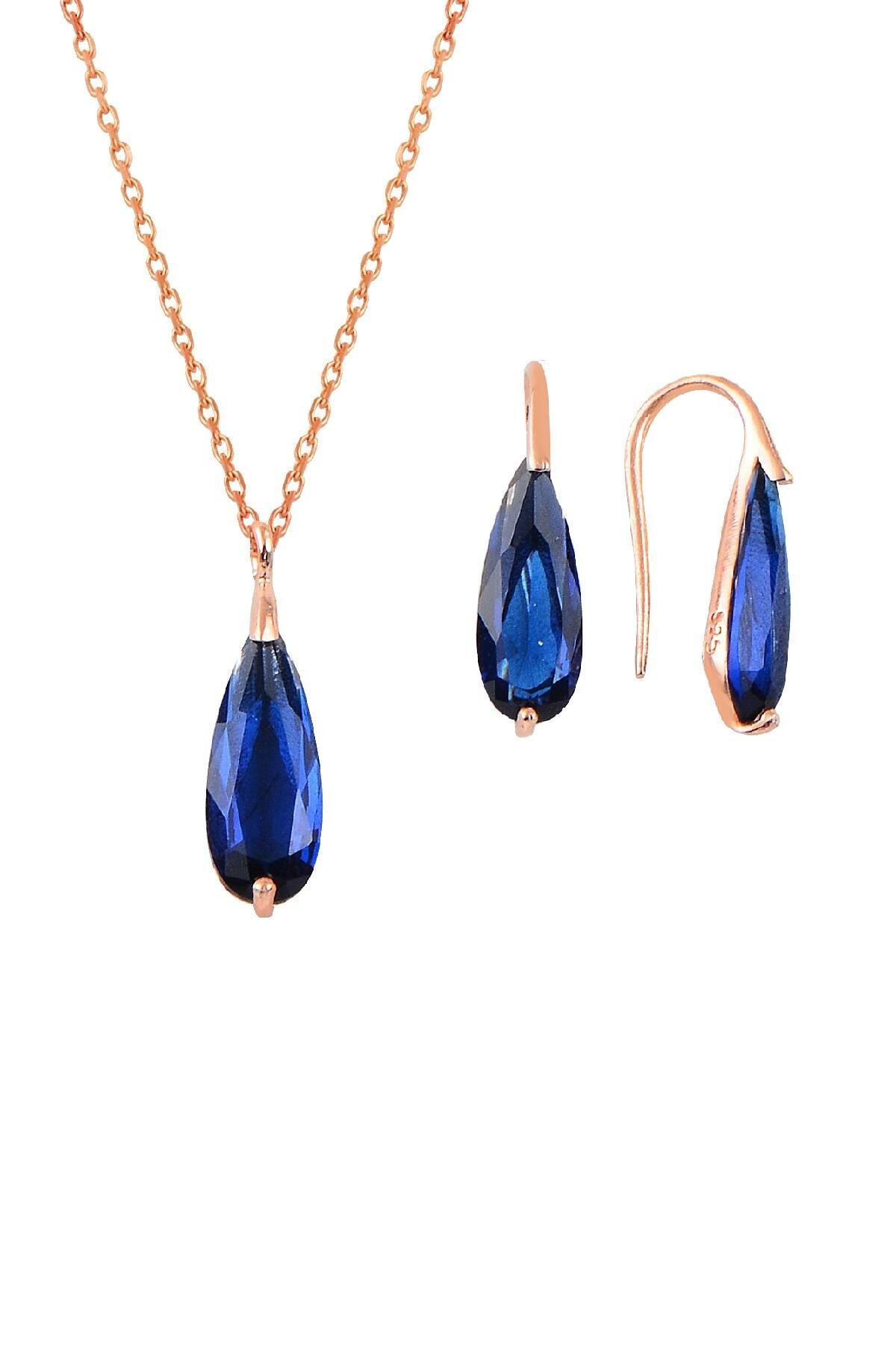 Gümüş rose lacivert taşlı damla kolye ve küpe ikili gümüş set SGTL10598SFR