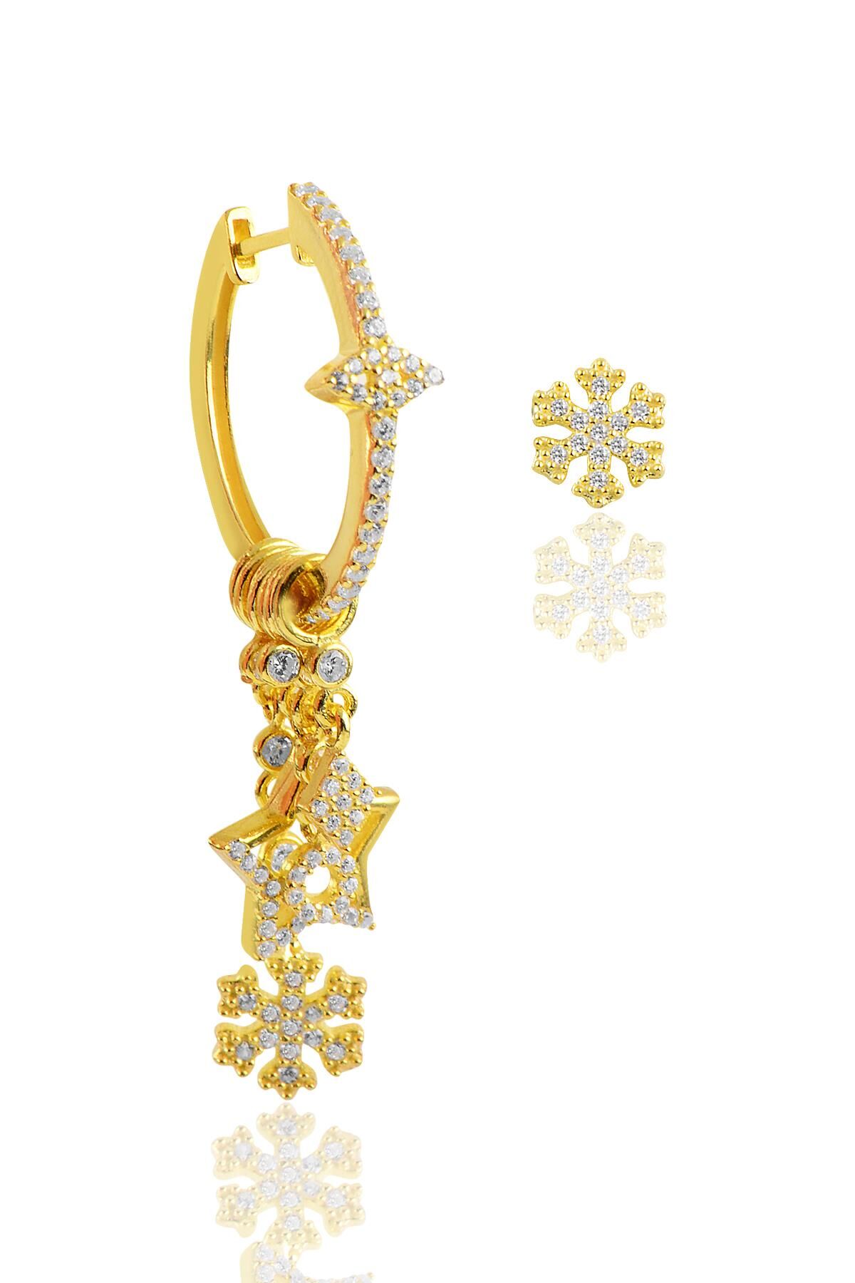 Gümüş altın yaldızlı zirkon taşlı  kar tanesi şans küpesi SGTL8719GOLD