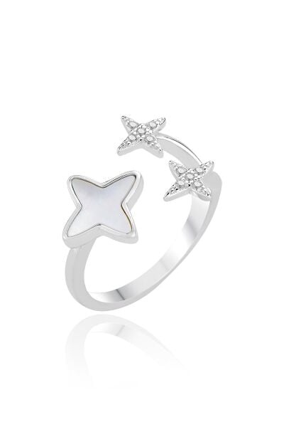 Gümüş rodyumlu sedef ve zirkon taşlı üstten ayarlanabilir yonca yıldızı yüzük SGTL12861