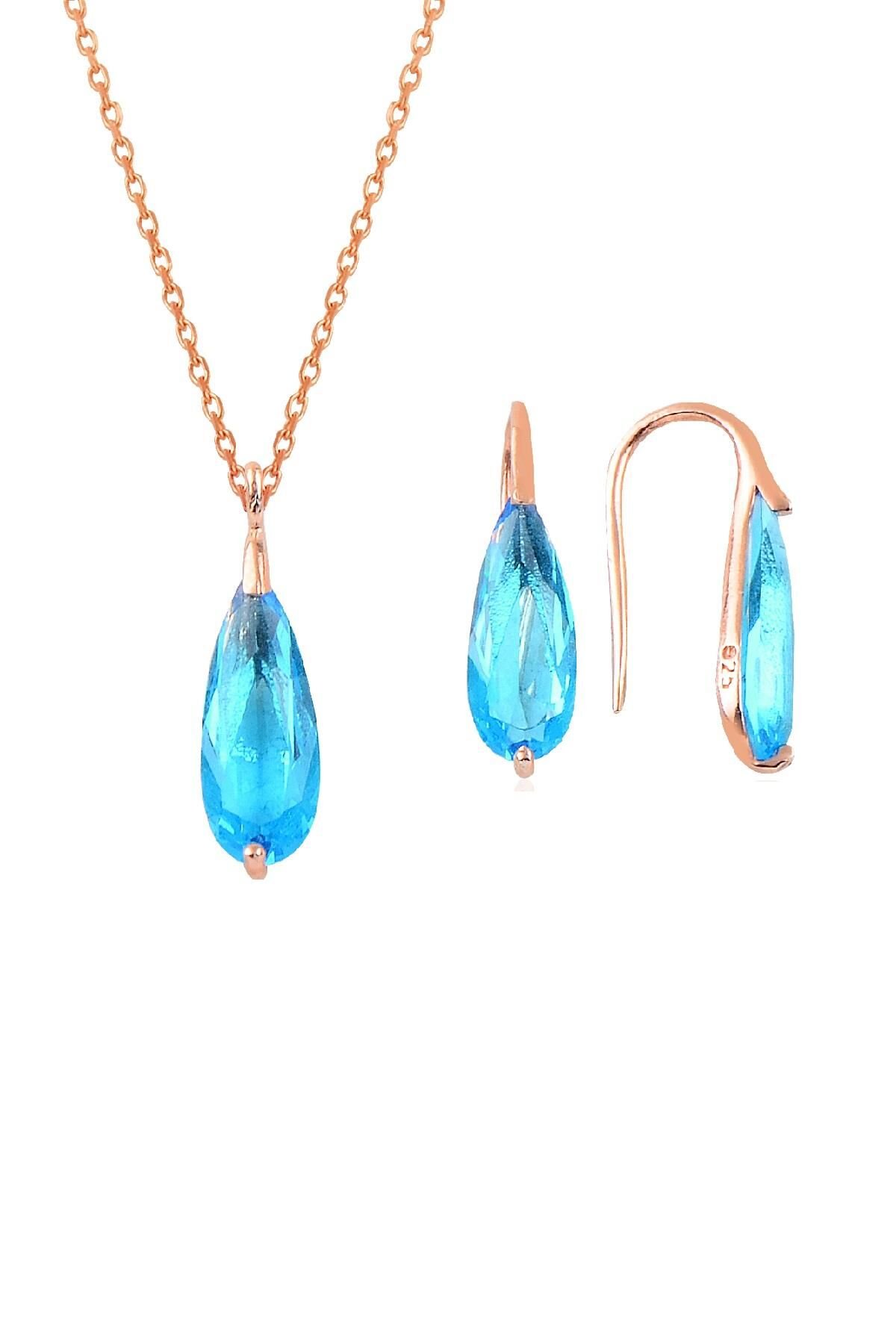 Gümüş rose  akuamarin taşlı damla kolye ve küpe ikili gümüş set SGTL10598MAVI