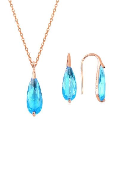 Gümüş rose  akuamarin taşlı damla kolye ve küpe ikili gümüş set SGTL10598MAVI