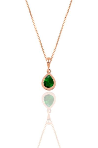 Gümüş rose yeşil taşlı damla modeli kolye SGTL12077YESIL